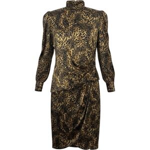 Vintage 80s 100% Silk Leopard Print High Neck Dress  Ruched Sheath Size 4